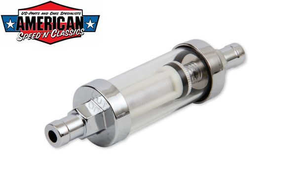 American Speed 'n' Classics - Benzinfilter Chrom Glas 8mm 5/16 Kraftstoff  Benzin Diesel Hot Rod Mr.Gasket